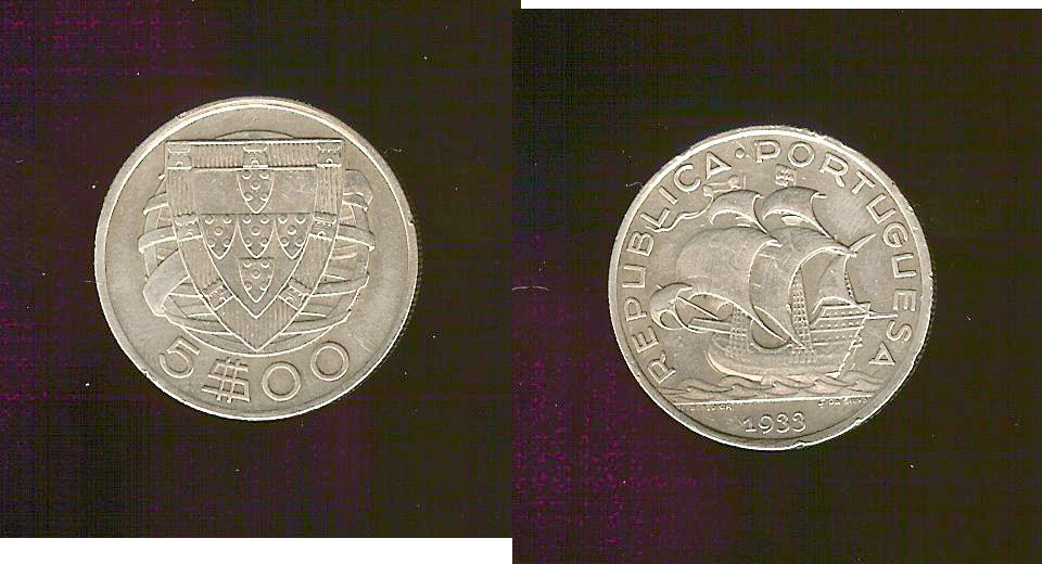 PORTUGAL 5 Escudos emblème 1933 TTB++